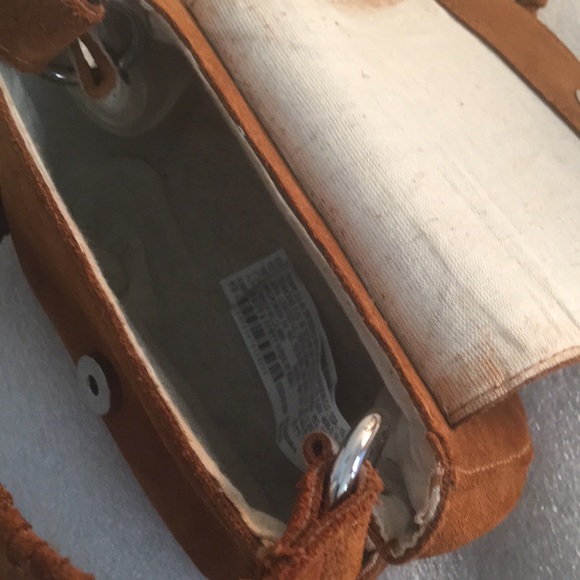ZARA Suede Leather Mini Crossbody Bag Snap Closure Laced Strap Woven Trim Fringe - Picture 9 of 13